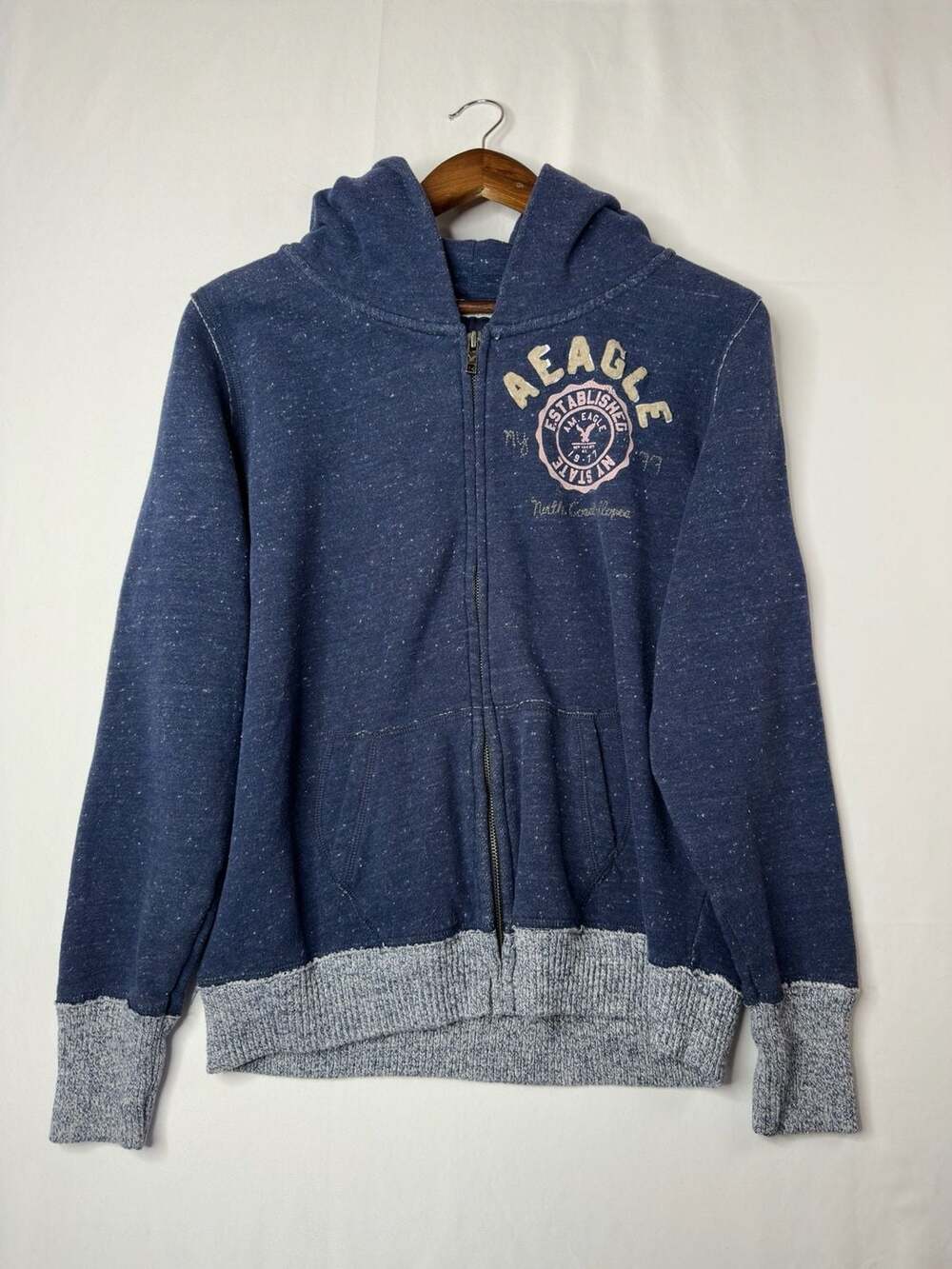 American Eagle Full Zip Hoodie Size XL Blue Marled Graphic